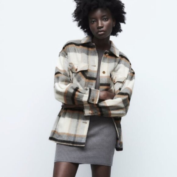 ZARA Beige Plaid Button Down Shacket L - Picture 2 of 7